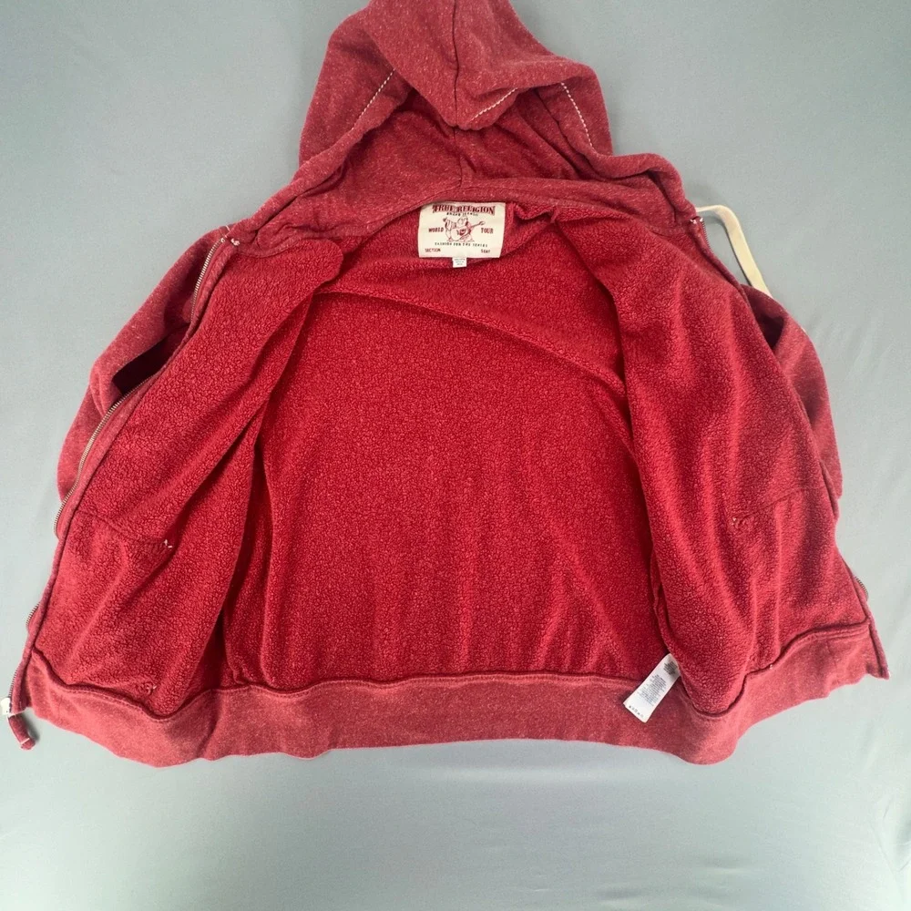 True Religion Mens Red Heather Zip Up Hoodie Contrast Stitch Logo 2XL XXL
